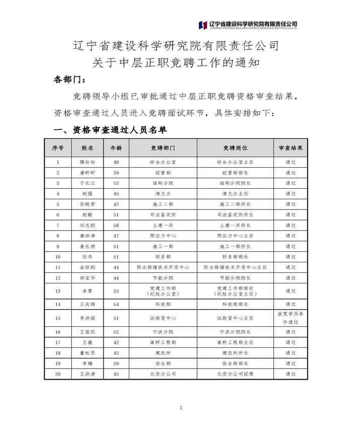 遼寧省建設(shè)科學(xué)研究院有限責(zé)任公司 關(guān)于中層正職競(jìng)聘工作的通知(圖1)